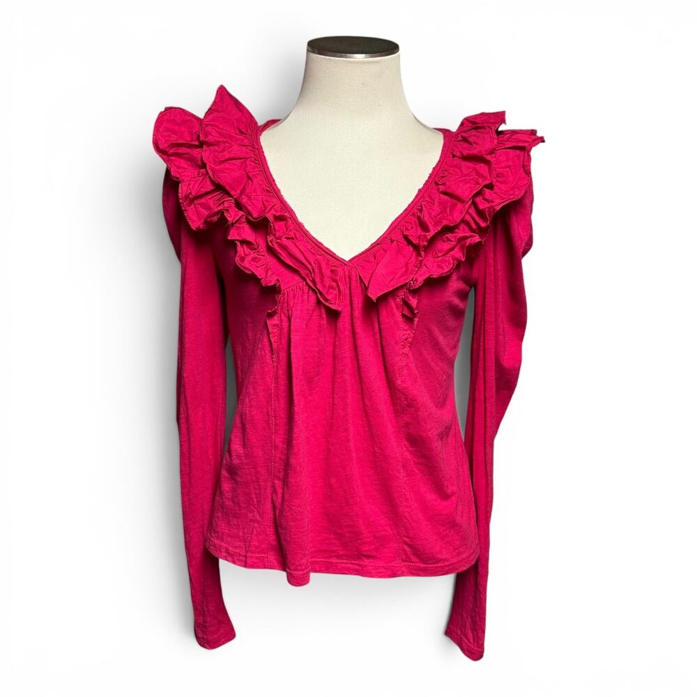 Anthropologie Long Sleeve V-Neck Ruffle Top Pink XS